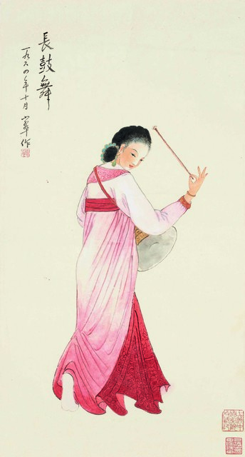 长鼓舞    陈小翠    纸本设色    70.5 cm×38 cm    1964年    上海中国画院藏