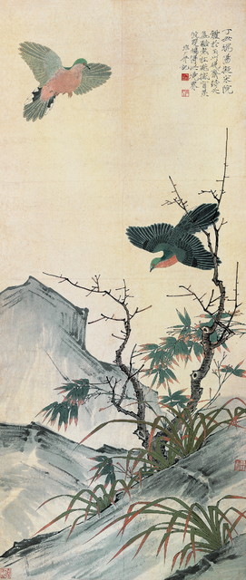 5.竹石双鸠图 1937年 140.5cm×59cm 镜片 纸本